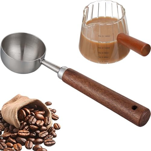 DIYJEP 30ml Stainless Steel Coffee Scoop with 180ml Espresso Cup, 10g Retro Coffee Bean Measuring Spoon Tablespoon with Wood Handle, Glass Measuring Jug with Dual Scale, Coffee Accessory for Tea Milk