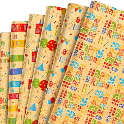 MORAINJAY 12 Bögen Geburtstags Geschenkpapier, Geburtstags Kraftpapier Geschenkpapier für Männer, Frauen Kinder, Braun Happy Birthday Geschenkpapier, Geschenkpapier für Jungen Mädchen, 68 x 50 cm