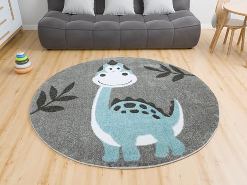 AKCILA Runden Kinderteppich Lima Dinosaurier Grau, Blau 100cm (Rund) | Teppiche für EIN Kinderzimmer mit kurzem Flor, Teppich für einen Jungen, Mädchen, Kinderteppich, Kids Carpet