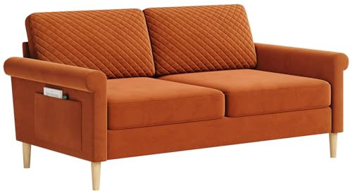 Vesgantti Velvet 2 Seater Sofa, 164cm Loveseat Sofa with Bilateral Pocket Storage, Upholstered Couch Perfect for Living Room, Bedroom, Office, Apartment, Tool-free Assembly, 164L*76D*85Hcm, Orange