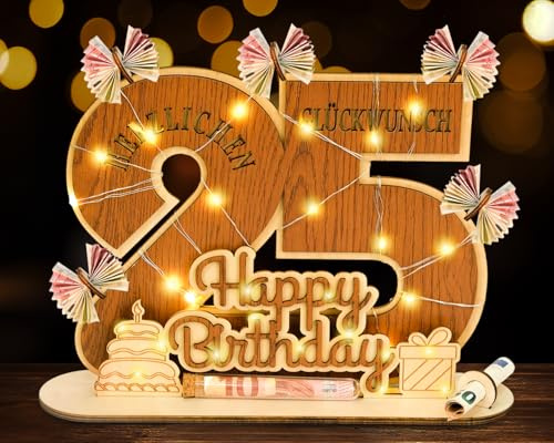 I LOVE MOM Originelle 25. Geburtstag Geschenk für Männer & Frauen - Geldgeschenke Geburtstag 25 mit LED Lichterkette - Holz-Schild Gästebuch - Spardose Erwachsene - Personalisierbares Geschenk