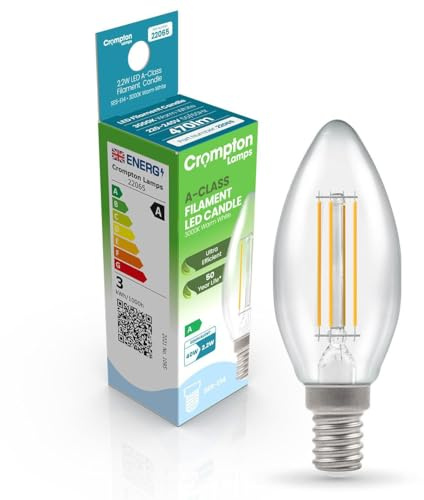 Crompton Lamps LED Ultra-Efficient Candle 2.2W SES-E14 A-Class (40W Equivalent) 3000K Warm White Clear 470lm SES Small Screw E14 A-Rated Light Bulb