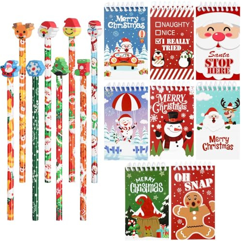 VEYLIN 16pcs Weihnachts Schreibset für Kinder - 3D-Bleistifte & Spiralblöcke (8 Motive) für Hausaufgaben & Geschenkideen | Inkl. Radiergummis + Zeichenblöcke für Schule & Weihnachtsdekoration