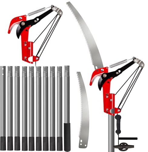 Walensee Telescopic Tree Pruner 2-in-1 Long Reach Loppers & Saw, 4.3 M Extendable Pole Tree Trimmer with Steel Blade, Branch Cutter, Lightweight High-Strength Handles for Easy Garden Tree Care,Red
