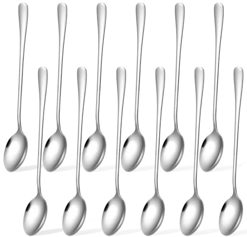 HJZHII 12 stycken långa latte macchiato-skeds-set, rostfritt stål lång tesked handtag dessertsked kaffesked lång glassked för iskaffe te milkshakes glassbägare cocktails dessert, diskmaskinssäker