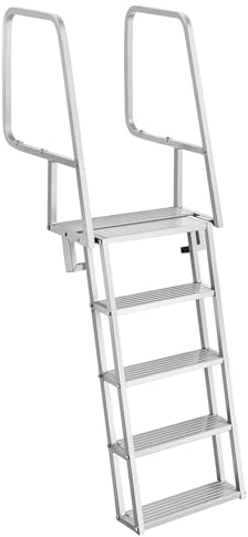 VEVOR Flip-Up Dock Ladder, 5-Step, Heavy-Duty Aluminum Alloy Pontoon Boat Swim Ladder, with Non-Slip Wide Steps, 350 lbs Weight Capacity, Pull Rope Assist, Comfort Use for Lake Pool Marine Boarding