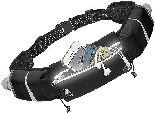 Athle Running Belt - 2 10oz Water Bottles, Large Fanny Pack Pocket Fits All Phones and Wallet, Bib Holders, Adjustable One Size Fits All Waist Band, Key Clip, 360° Reflective - Black Speed Sash