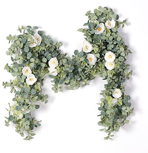 PARTY JOY 6.56Ft Künstliche Eukalyptus Kränze, Kranz Künstliche Eukalyptus Mit 8 Künstliche Rosen Weiß, Kunstblumen Girlande, Für Hochzeit Tür Party Fenster Wand Festival Garten Dekor