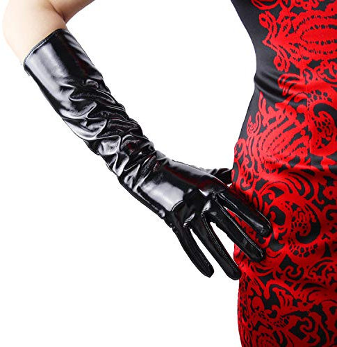 DooWay Schwarze super lange Lederhandschuhe für Damen, Kunstlack-PU, sexy Opera, glänzend, 1 Paar, Fingerhandschuhe, Cosplay, passend, Schwarz, 40 cm, Medium