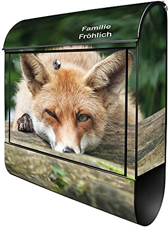 banjado® Design Briefkasten personalisiert Fuchs Relax 38,5x46,5x13cm & 2 Schlüssel - Briefkasten Stahl schwarz Zeitungsfach pulverbeschichtet - Postkasten A4 Einwurf inkl. Montagematerial