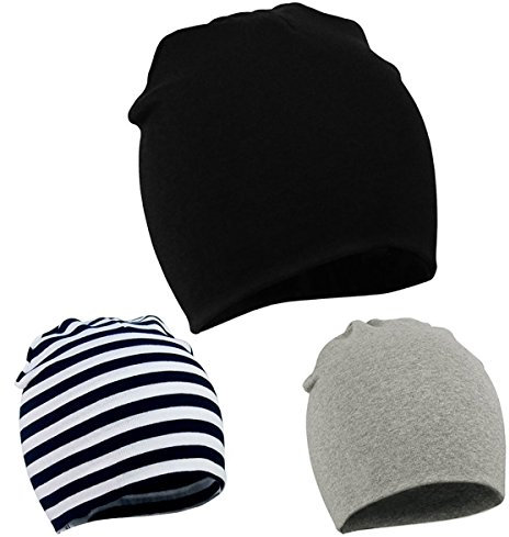 Durio Baby Mütze Jungen Mädchen Unisex Babymütze Kleinkind Wendemütze Jersey Slouch Beanie Mütze Infant Hut 3er Pack Schwarz Streifen u. Hellgrau 0-12 Monate