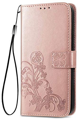 LEYAN Hülle für Xiaomi Redmi 9AT / Xiaomi Redmi 9A, Schutzhülle Case Cover TPU/PU Leder Flip Brieftasche Handytasche mit Kartenfächer & Standfunktion & Muster, Klapp Handyhülle, Roségold
