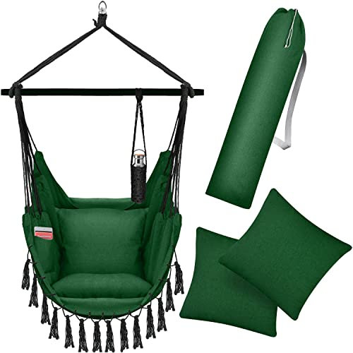 KESSER® Hängesessel Safari XXL Hängestuhl für Erwachsene & Kinder Hängematte bis 150 kg Hängesitz Aufhängung Indoor-Outdoor-Wohnen Inkl. Tragetasche, 2 Kissen, Getränkehalter & Bücherfach, Grün