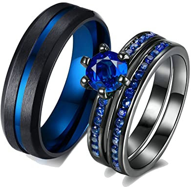 ANAZOZ 2 Stück Eheringe Paarpreis Edelstahl Vergoldet 6mm Breit Gebürstet Solitär Diamantring Blau Verliebte Ringe E Ringe Set Schwarz Frau:60 (19.1) & Mann:60 (19.1)