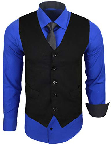 Baxboy Herren Hemd mit Weste Krawatte Anzugs Sakko Business Hochzeit Freizeit Hemden Frack Herrenweste Set wählbar B-44-HWKR, Farbe:Sax, Größe:4XL