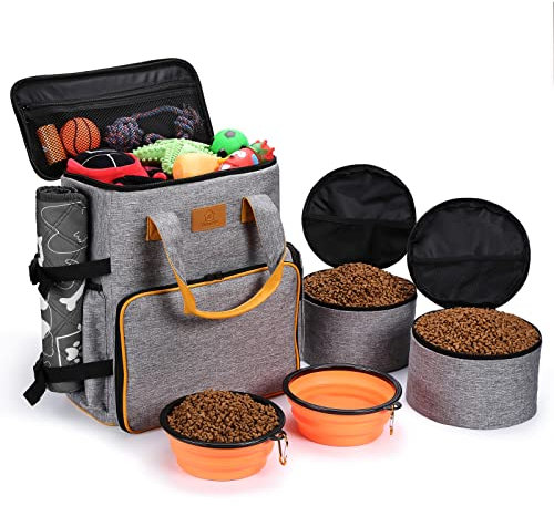 Ownpets Hunde Reisetasche, Reisetasche für Hundeausrüstung mit 2 Hundefuttertaschen, 2 faltbaren Näpfen und einem abnehmbaren Tragegurt, ideal für Reise, Camping, am Flugzeug tragbar(Grau)