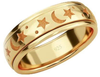 SHOP LC Anti-Stress-Angst-Spinner-Ring für Damen & Herren | Rotierender Mond- und Sternenring aus 925er Silber | Vergoldeter Verlobungsring | Fidget-Spinner-Ring zur Stresslinderung