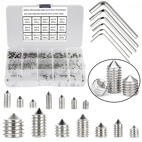 HanTof 340Pcs Metric M2.5/M3/M4/M5/M6/M8 304 Stainless Steel Allen Head Hex Socket Cone Point Set Screws,Internal Hex Drive Grub Screws,Tip Point Headless Set Screw Assortment Kit with 6 Hex Wrenches