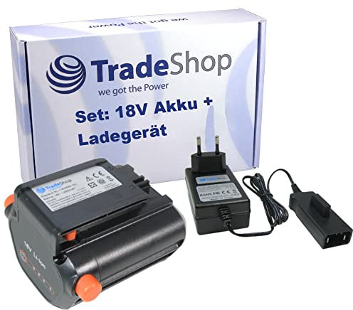 Trade-Shop 2in1 Set: Li-Ion Akku 18V 2000mAh + Ladegerät kompatibel mit Gardena Trimmer EasyCut Li-18/23 R, EasyCut Li-18/23R (9823), ComfortCut Li-18/23R (9825)