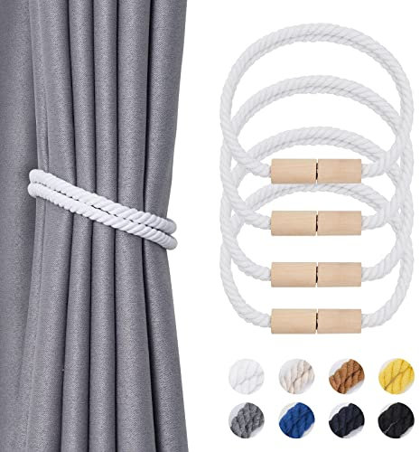 Pretty Jolly 4 Stück Magnetische Vorhang Raffhalter aus Holz, Boho-Dekoration, Raffhalter, handgefertigt, doppeltes Baumwollseil, Vorhanghalter für Zuhause und Büro, Fenstervorhänge (Weiß)