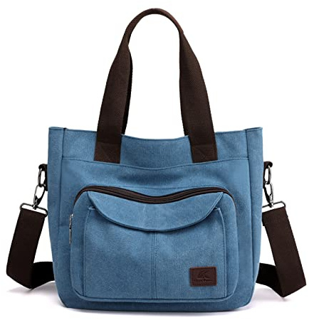 PORRASSO Damen Umhängetasche Canvas Schultertasche Handtasche Hobotasche Tote Mädchen Crossbody Bag für Shopping Reisen Arbeit Täglicher Gebrauch Blau