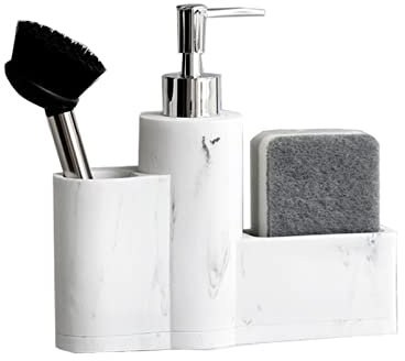 Distributeur de Savon de Cuisine Aspect marbre Distributeur de Savon Liquide pour Les Mains et la Vaisselle Pompe Bouteille évier Lave-Vaisselle, Brosse, Porte-éponge 3 en 1 (marbre Blanc)