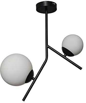 MiniSun | Modern 2 Way Hanging Bar Matt Black and Opal Glass Globe Shade Ceiling Light Fitting | Pendant Lights, Home Décor & Improvement Essential | Mains Wired