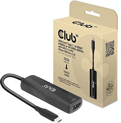 Club3D CAC-1588 USB Gen2 Typ-C zu HDMI™ 8K60Hz oder 4K120Hz HDR10, DSC1.2, Power Delivery 3.0 Activ Adapter St./B.