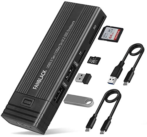 Fanblack 2-in-1 M.2 NVMe SSD-Gehäuseadapter, werkzeuglos, USB 3.2 Gen 2 10 Gbit/s HDD-Adapter MKey (B+M Key) SSD-Reader, mit 2 USB-Typ-A und SD/TF-Kartenleser, unterstützt UASP Trim für 2242/2260/2280