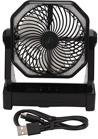 270 Degree Pivot Tent Fan, Camping Fan with LED Lantern, Large Air Volume Cooling Fan, USB Rechargeable Outdoor Tent Fan with Light Hook for Camping, Outdoor Dining, Workshops(Black)