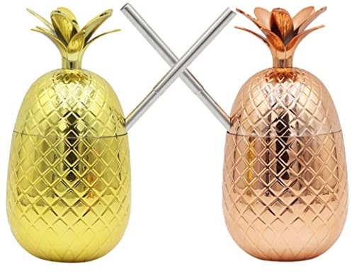 PATKAW 2 Sets Ananasbecher Aus Edelstahl Mit Strohhalm Und Deckel. Ananas-Barzubehör Aus Verkupfertem Metall Für Hawaiianische Luau-Tiki- Und Strand-Themenparty-Dekorationen