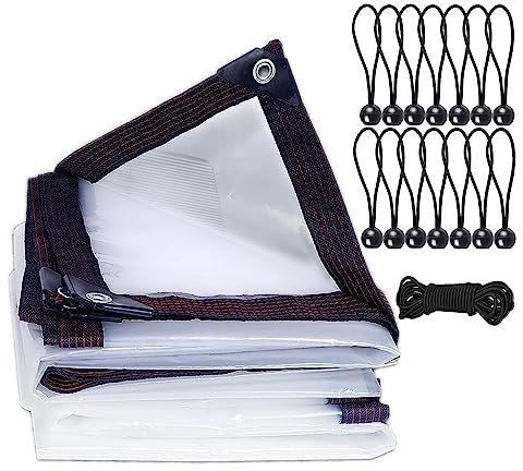 Clear tarpaulin Waterproof heavy duty,with eyelets tarpaulin Cover,Windproof transparent tarpaulin Cover,For plant greenhouses, gardens and balconies,with 14 Bungee Balls and 6 M Ropes (3m x 4m)