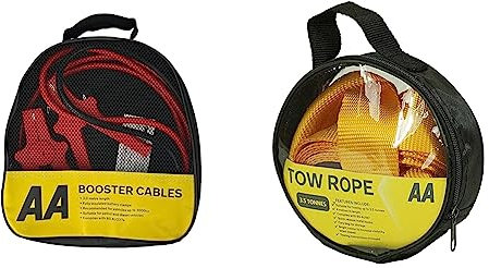 AA Insulated Booster Cables/Jump Leads AA4550 - For Petrol/Diesel Engines Up to 3000cc, 3 m Cable, Storage Bag & 3.5T 4 m Heavy - Duty Tow Rope AA6202 - Yellow Strap-Style Towing Belt for Car