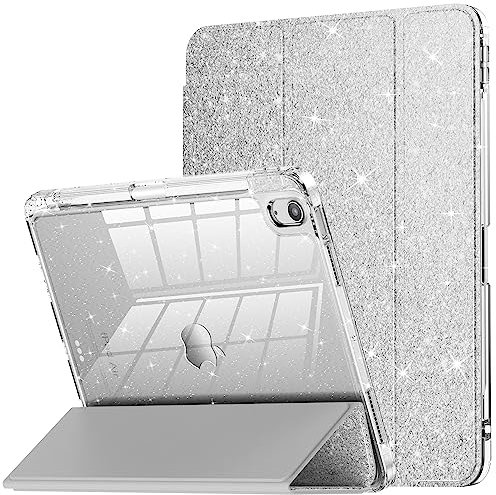 INFILAND Hülle für iPad Air 11 Zoll M2 2024/M3 2025, iPad Air 7./6./5./4. Generation 10,9 Zoll (2022/2020), Glitzerhülle mit Transparenter Rückseite, Ideal für Kinder und Mädchen (Silber)