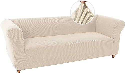 LINGKY Stretch Chesterfield Sofabezug 3 Sitzer Sofahusse mit Armlehne Spandex Jacquard Sofa Überwürfe rutschfest Sofa Überzug Waschbare Sofabezug für Haustiere (Natürlich,3 Sitzer)