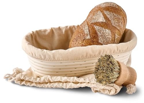Praknu Gärkorb Oval 28cm - Set mit Bürste, Leinentuch & Brotbeutel - Brotkorb aus nachhaltigem Rattan - Zum Brotbacken - Brot Backen Zubehör
