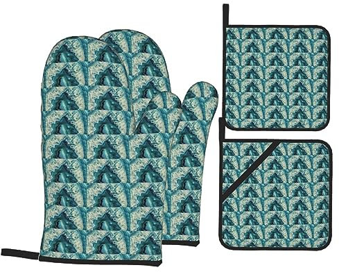 Bright Aqua Blue Print Oven Gloves, Used for Barbecue, Baking, Cooking, Microwave, Mobile Anti-Skid Gloves