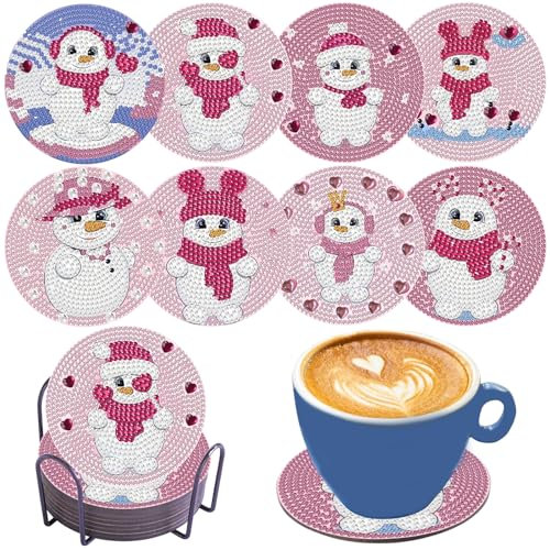 8-Stücke Diamond Paintings Untersetzer Kit mit Halter, Rosa Schneemann Diamant Kunst Untersetzer Kits für Anfänger, Erwachsene, Kinder Diamond Paintings Kunst Handwerk Zubehör