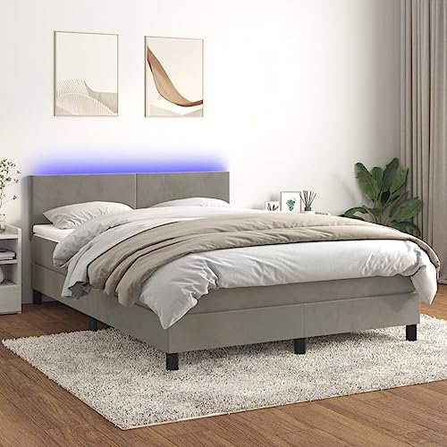 Festnight Boxspringbett 140x200 mit Matratze LED Polsterbett Doppelbett Bettgestell Samt Bettrahmen Bett mit Verstellbar Kopfteil Boxspringbetten mit Lattenroste Hellgrau