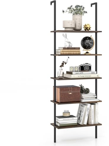 HOMASIS Estantería Escalera con 5 Niveles, librería de Pared con Estructura de Metal, estantes de Almacenamiento, Moderna estantería de pie, para Oficina en casa, salón, 60 x 30 x 180 cm (Marrón)