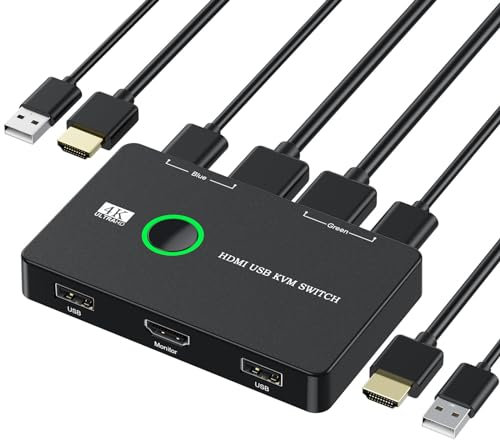 KVM HDMI Switch, 4K @60Hz KVM Switch USB 2 PC 1 Monitor para 2 Compartido Teclado Ratón Impresora, Conmutador KVM con 2 Cables USB y 2 Cables HDMI