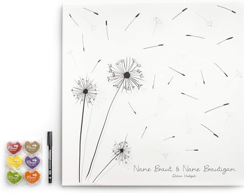 codiarts. personalisierte Leinwand für Fingerabdrücke | 50x50cm | Party | Hochzeit | Jubiläum | Geburtstag | als Gästebuch inkl. Stempelkissen und Stift (Pusteblume, 50 x 50 cm, Bespannte Leinwand)