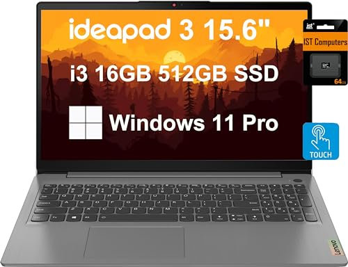 Lenovo IdeaPad 3 3i Laptop (15.6 FHD Touchscreen, Intel Core i3-1115G4, 16GB RAM, 512GB SSD) Narrow Bezel, Webcam, 12-Hour Long Battery Life, NumPad, IST SD, Win 11 Pro S Mode, Home & School - Grey