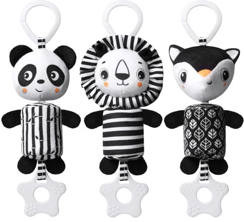 Aolso Kinderwagen Spielzeug, Baby-Hängespielzeug, 3Pcs hängendes Rasselspielzeug, schwarz-weißes Spielzeug, Neugeborenes Autositz-Spielzeug für Jungen und Mädchen (Panda/Fuchs/Löwe)