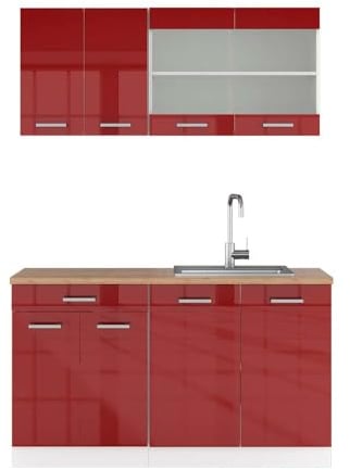 Vicco Küchenzeile R-Line, Rot Hochglanz, 140 cm | 4 Module · Höhenverstellbare Füße · Arbeitsplatte Eiche · Robuste Fronten · Mit Glasschrank · Frei kombinierbar