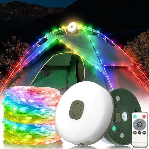 Camping Lichterkette Aufrollbar, 10m Ultra Lange Lichterkette mit 100 LEDs, Solar- und USB-aufladbar, mit Fernbedienung, Tragbares Campinglicht für Wandern, Campinglampe Solar Deko (Mehrfarbig)