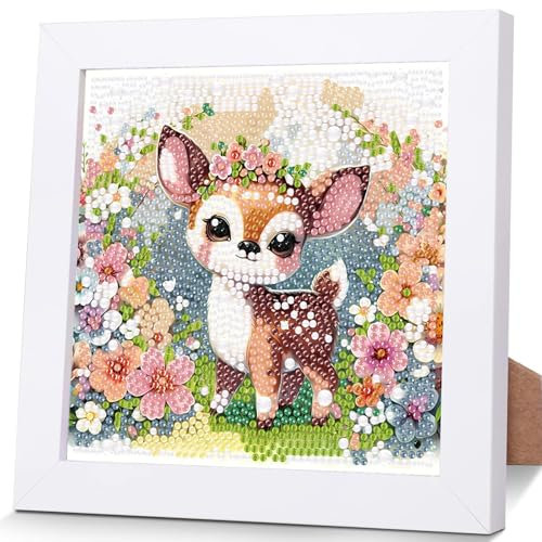 luckyarina Reh Diamond Painting Kinder mit Rahmen- Niedlich Diamant Painting Bilder kinder, Tiere Mosaik Bastelset Kinder Tiere für 8 9 10 11 Jahre 18X18CM