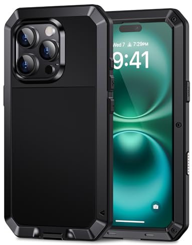 Lanhiem for iPhone 16 Pro Metal Case, Heavy Duty Shockproof Tough Rugged Case with Built-in Glass Screen Protector, 360 Full Body DustProof Protective Cover for iPhone 16 Pro 6.3, Black