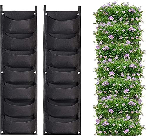 LITLANDSTAR 2 Stück Hängende Pflanzgefäßtaschen, 7 Taschen Hängende Vliesstoff Pflanztasche Zuchttaschen Outdoor Indoor Gardening Vertikale Begrünung Blumenbehälter, Schwarz