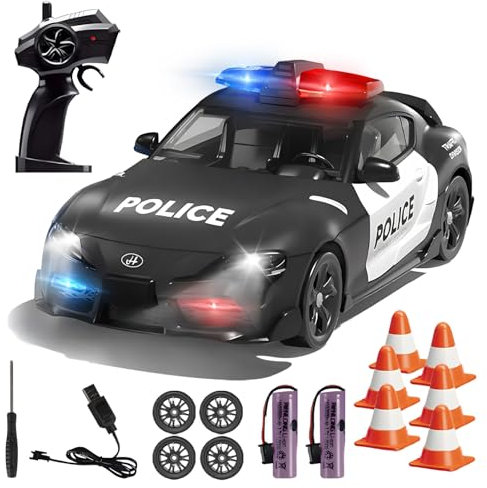 RC Drift Car Polizeiauto mit Licht und Sound, 1:24 Ferngesteuertes Auto mit Aufladbarer 2 Batterie, 2,4 GHz 4WD RC Drift Polizeiauto für Junge Geschenk Kinderspielzeug ab 3 4 5 6 7 8+ Jahre(Schwar)